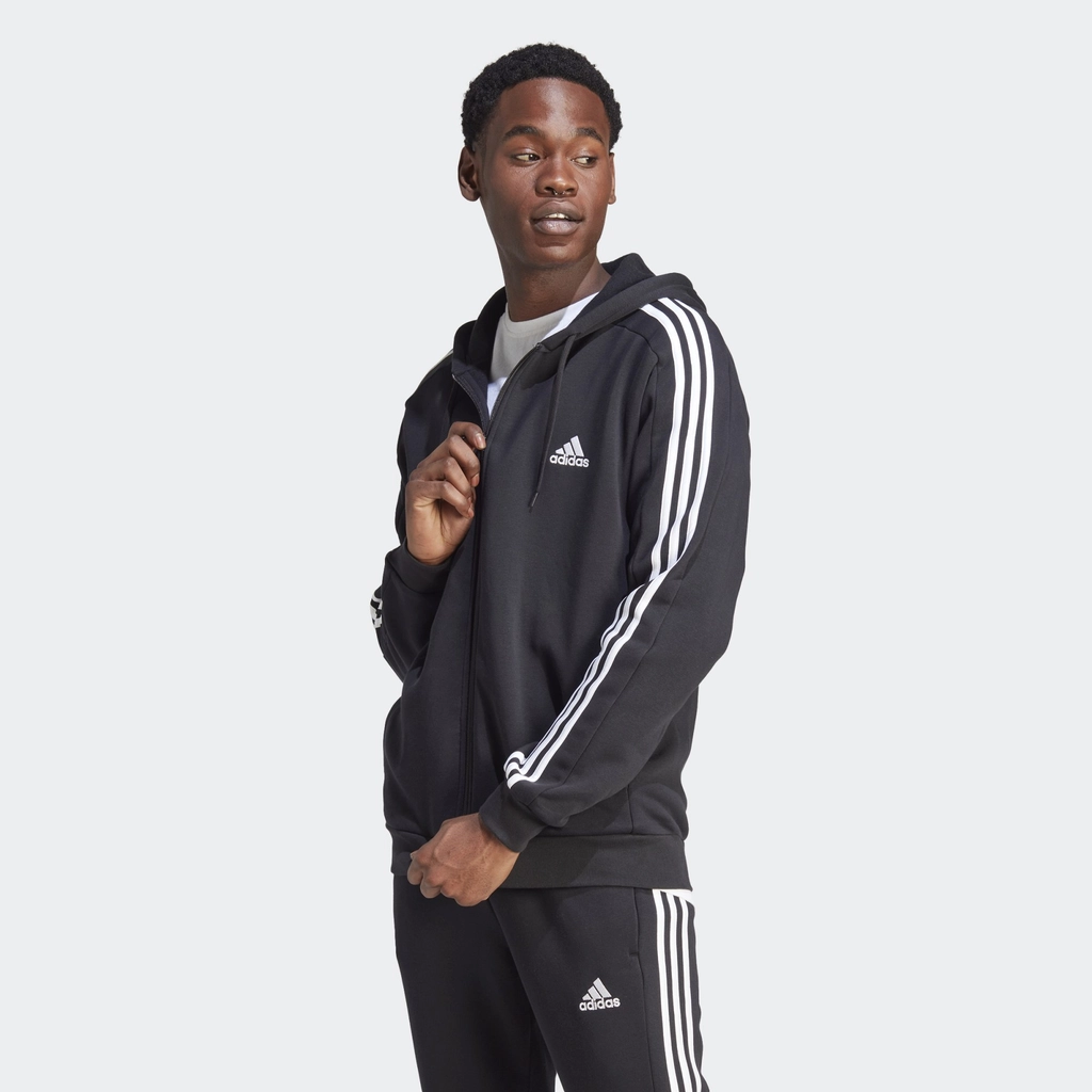 Adidas Originals Mens Essentials Fleece 3-Stripes Full-Zip Hoodie - Black Cotton - Size Medium